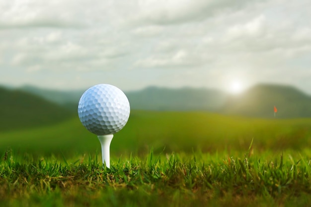 아침 햇살이 비치는 아름다운 골프 코스에서 티 위에 있는 골프 공