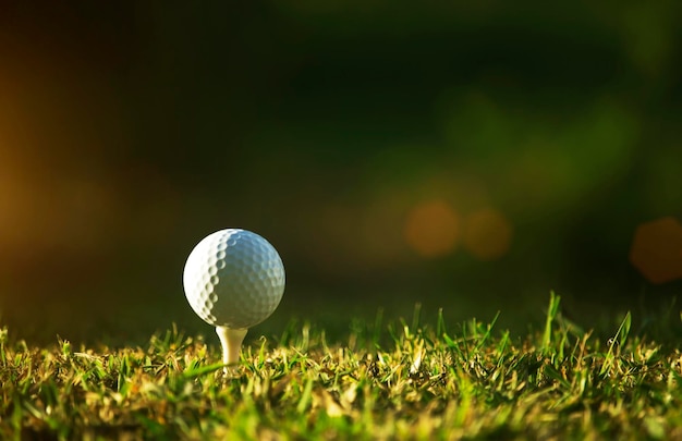 Golf ball on tee in a beautiful golf course with morning sunshine