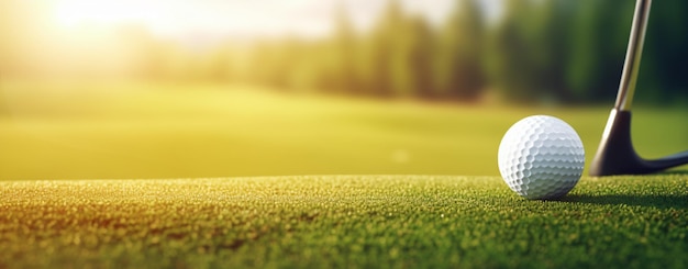 Golf ball on tee and golf club with fairway green background