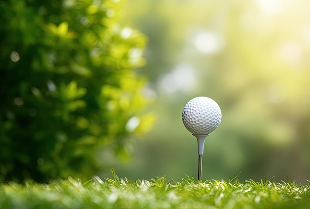 golf ball on a tee with blurry green background