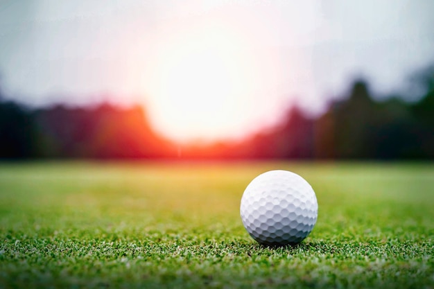 Golf balls and golf club on green grass