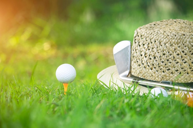 Golf balls and golf clubs as well as equipment used to play golf on green grass