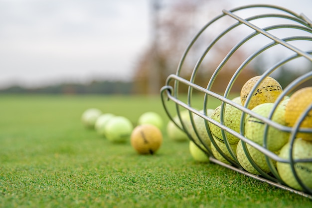 Golf balls and sticks on green golf course