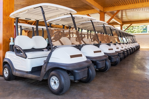 Golf buggy geparkeerd. Velen op een rij.