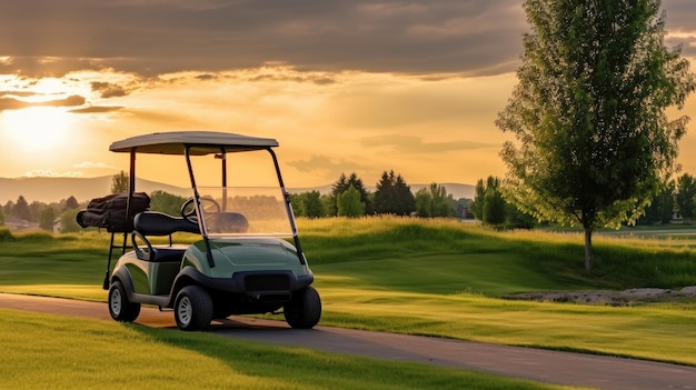 은 초록 잔디과 구름 하늘과 해가 지는 나무와 함께 골프 코스의 페어웨이에 있는 골프 카트 자동차