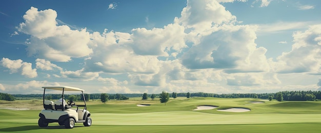 사진 신고전주의 대칭의 스타일로 올라오는 구름과 함께 녹색 코스의 가장자리에 있는 골프 카트