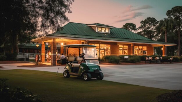 Golf Cart Parked near the Club on a Green Course generated by AI