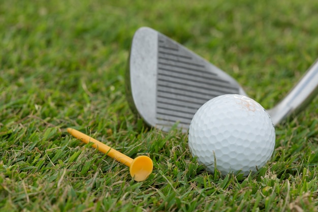 Golf club and ball in grass