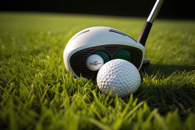 The golf club and ball up close on the grass outside