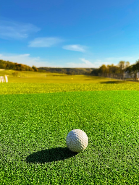 Golf club and golf ball close up in grass field