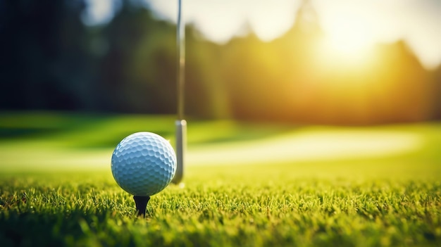 Golf club and golf ball on green grass background Blurred backdrop Outdoor sport Generative AI