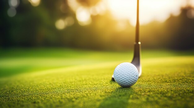 Golf club and golf ball on green grass background Blurred backdrop Outdoor sport Generative AI