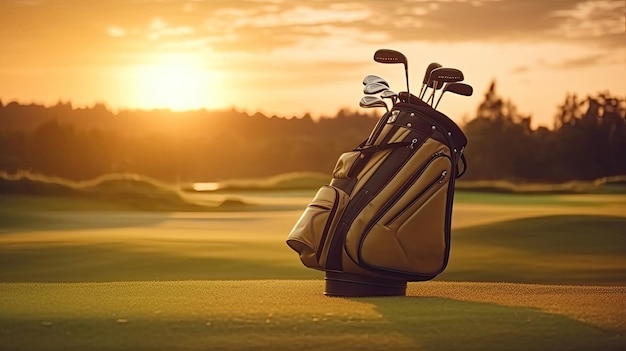 Golf club tas voor golfer training en spelen in het spel met golfbaan achtergrond bij zonsondergang Golfer Generative Ai