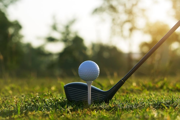 Golf clubs and golf balls on a green lawn in a beautiful golf course