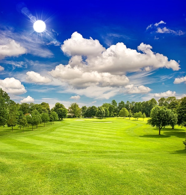 Golf course and blue sunny sky. european green field landscape