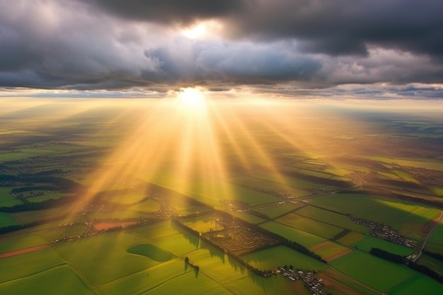 Golf course from the sky with sunrays shining through clouds