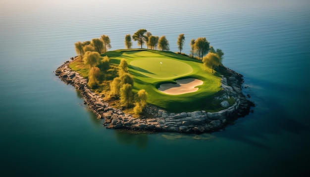 Остров с полем для гольфа в океане