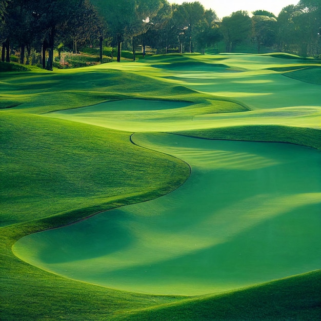 Golf course landscape background with green grass on sunny day 