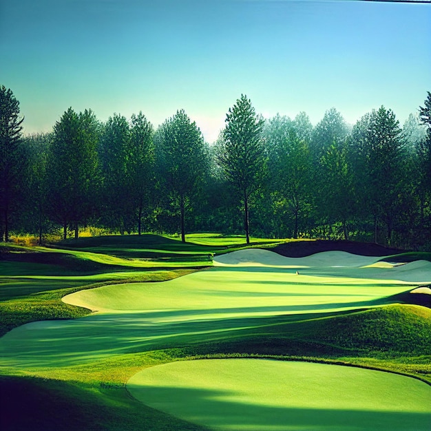 Golf course landscape golf field background with green grass on sunny day