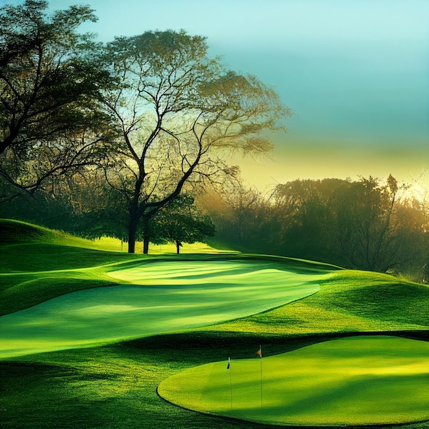 Golf course landscape golf field background with green grass on sunny day