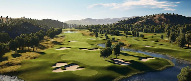 a golf course surrounded by trees and water