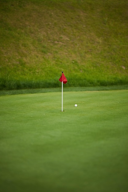 Golf course with a flag green golf course with a red flag near
the hole