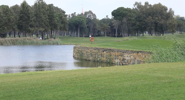 golf course with forest and pond