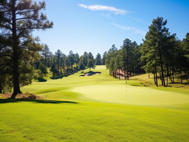 a golf course with a green and trees in the background