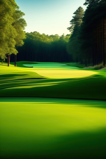 A golf course with a green and trees in the background.