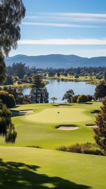 Foto campo da golf con un lago sullo sfondo