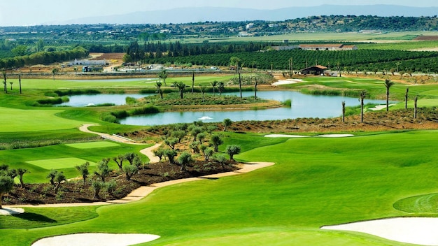 Photo golf course with a pond and a house in the background