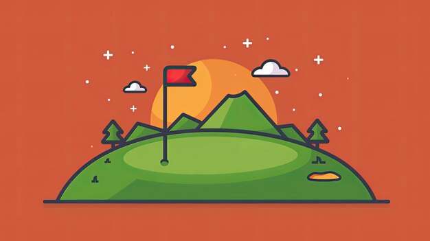 Photo a golf course with a red flag on a hill