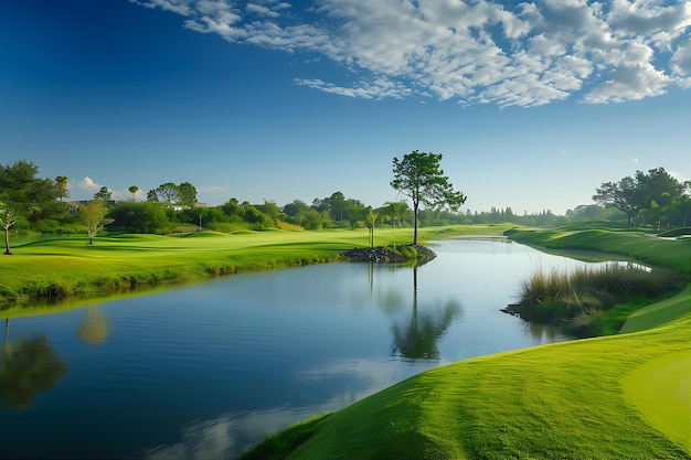 Golf Course with a River and Pond Captured in a Photo