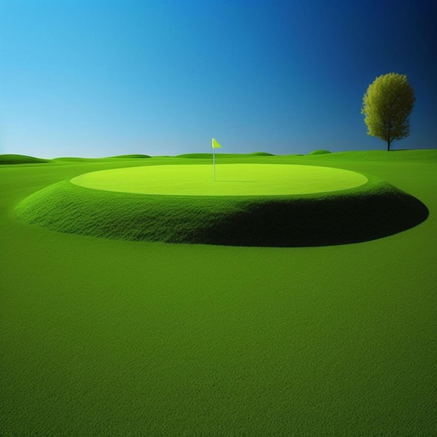 A golf course with a tree in the background and a green cover with the word golf on it.