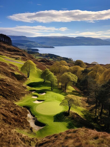 Foto un campo da golf con una vista del lago e delle montagne sullo sfondo