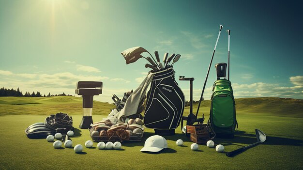 Golf equipment on green grass