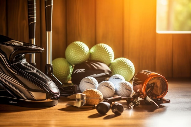 Foto attrezzatura da golf sul pavimento di legno che si prepara per una buona partita