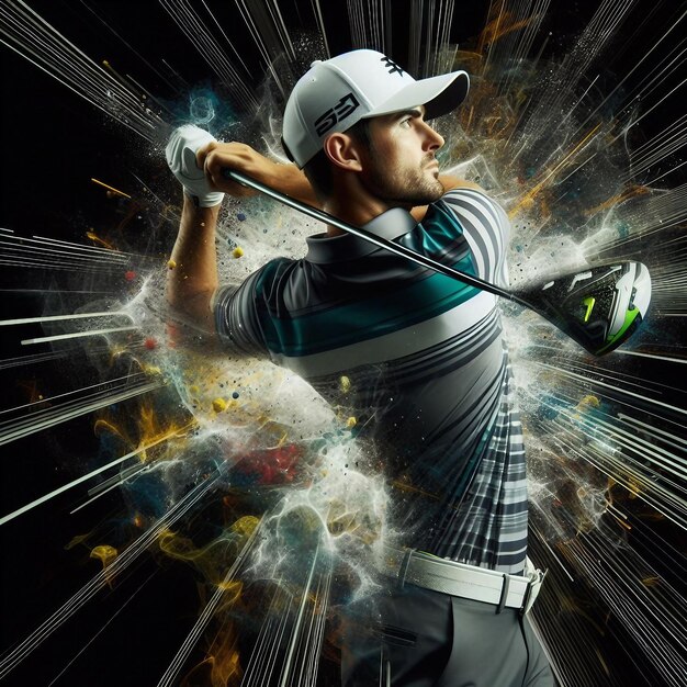 Golf player in action on a black background with splashes of smoke