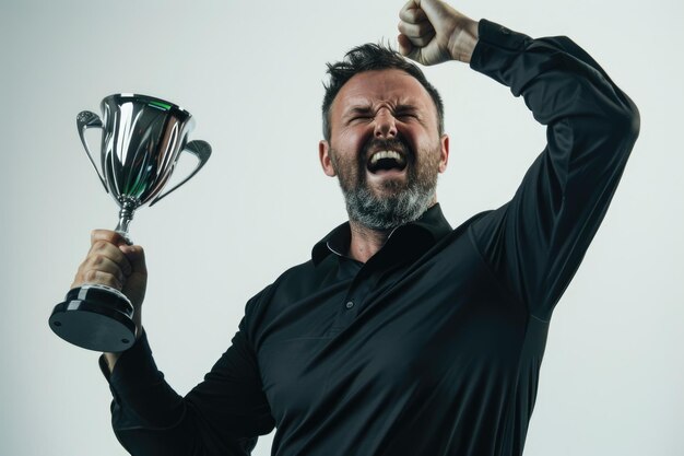 Giocatore di golf con una camicia nera che celebra con un trofeo di vetro nelle mani su uno sfondo bianco