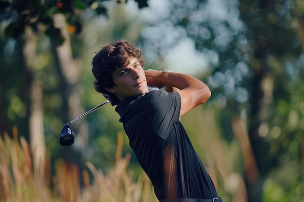 Foto giocatore di golf con una camicia nera su un campo da golf