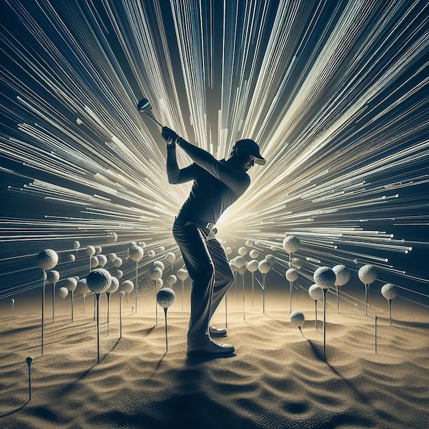 Photo golf player hitting the ball with a bat in the desert