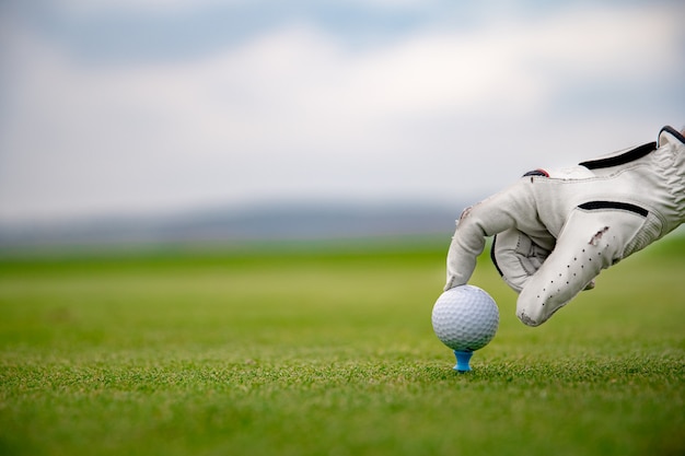 A golf player prepares a golf ball on a green course