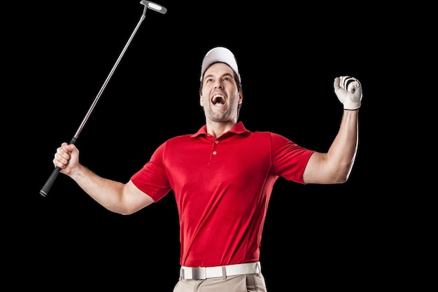 Golf Player in a red shirt celebrating, on a Black Background.