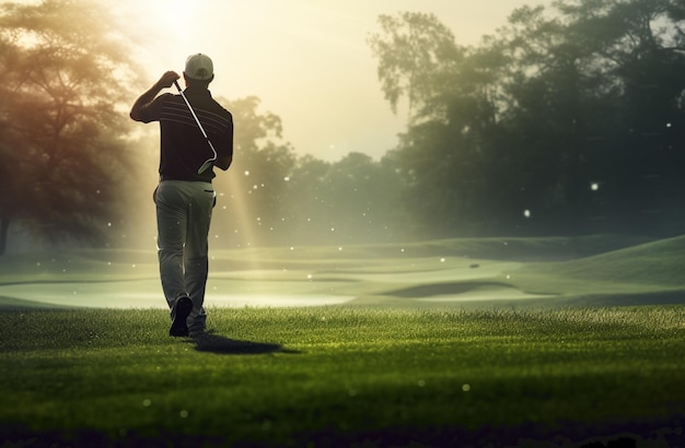 Игрок в гольф запускает мяч для гольфа, человек бьет мяч в гольф, фото высокого качества