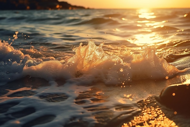 Golf rolt op het strand bij zonsondergang