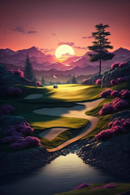 golf at sunset with course graphic in the style of northern china's terrain vray tracing