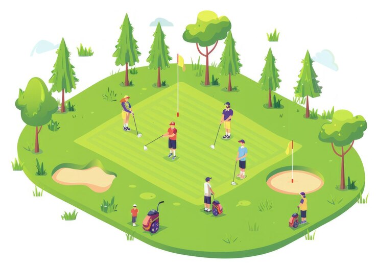 Golf training isometric composition with people playing golf on a green grass field with trees illustration