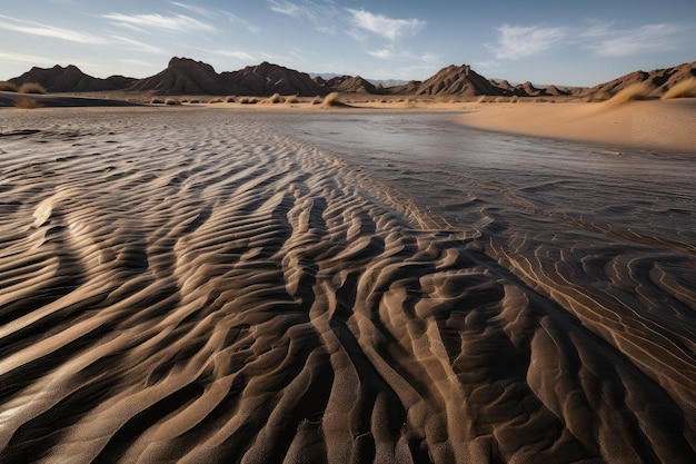 Golf van luchtspiegeling die lijkt te rimpelen op de woestijnbodem