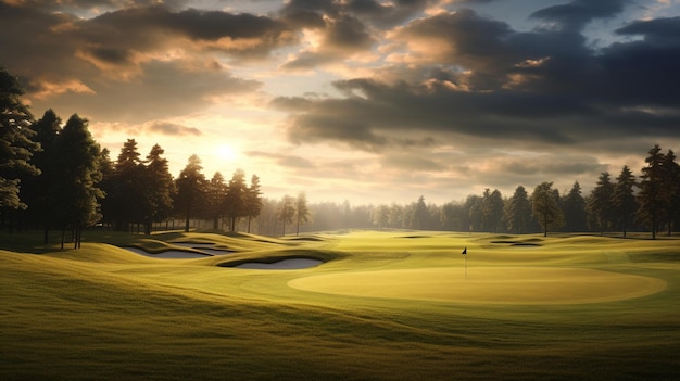Golfbaan in de prachtige zonsondergang met zonlicht prachtige golfbaan in de golfbaan in de achtergrond golfbaan in de ochtend.