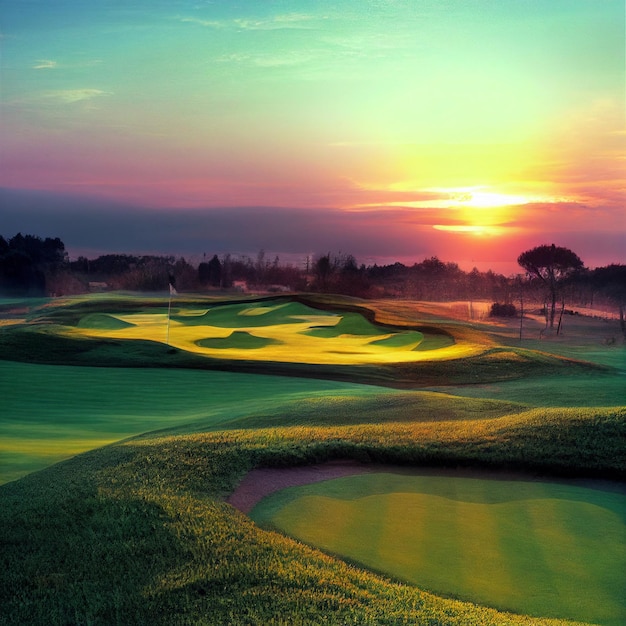 Golfbaan landschap golf achtergrond van een veld met groen gras op zonsondergang